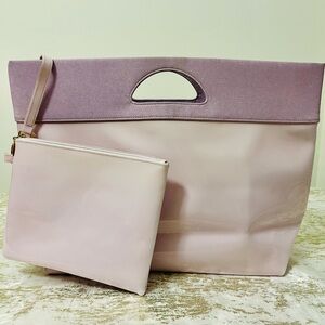 Women’s Pastel Pink Purple Two-Tone Tote with Cosmetic Bag Pouch Patent Leather